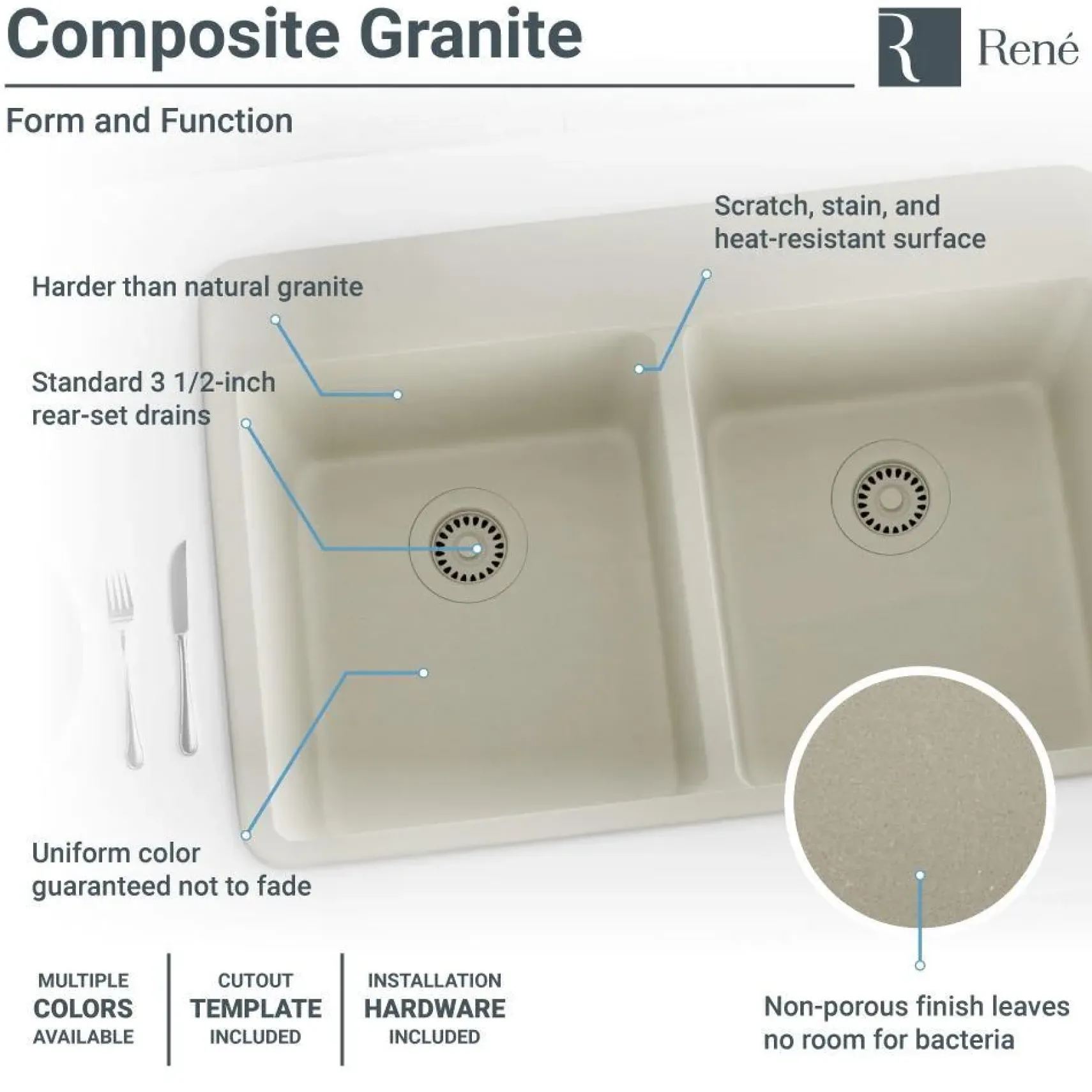Rene 33" Composite Granite Kitchen Sink, 50/50 Double Bowl, Concrete, R3-2002-CON-ST-CGS