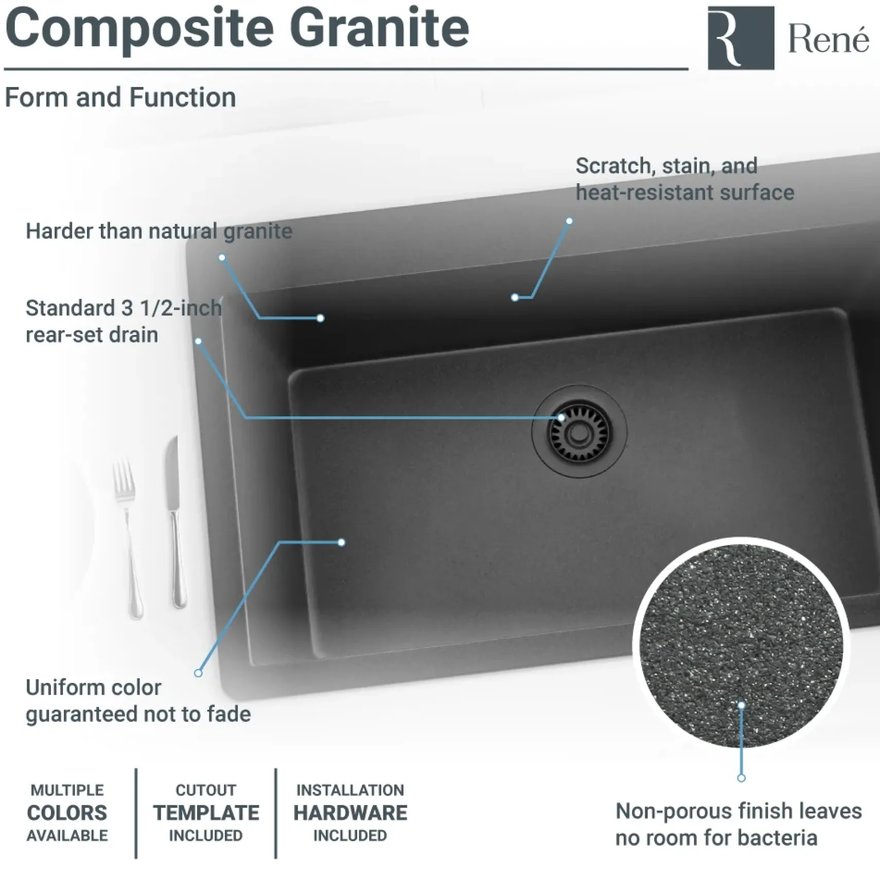 Rene 33" Composite Granite Kitchen Sink, Carbon, R3-2006-CAR-ST-CGS