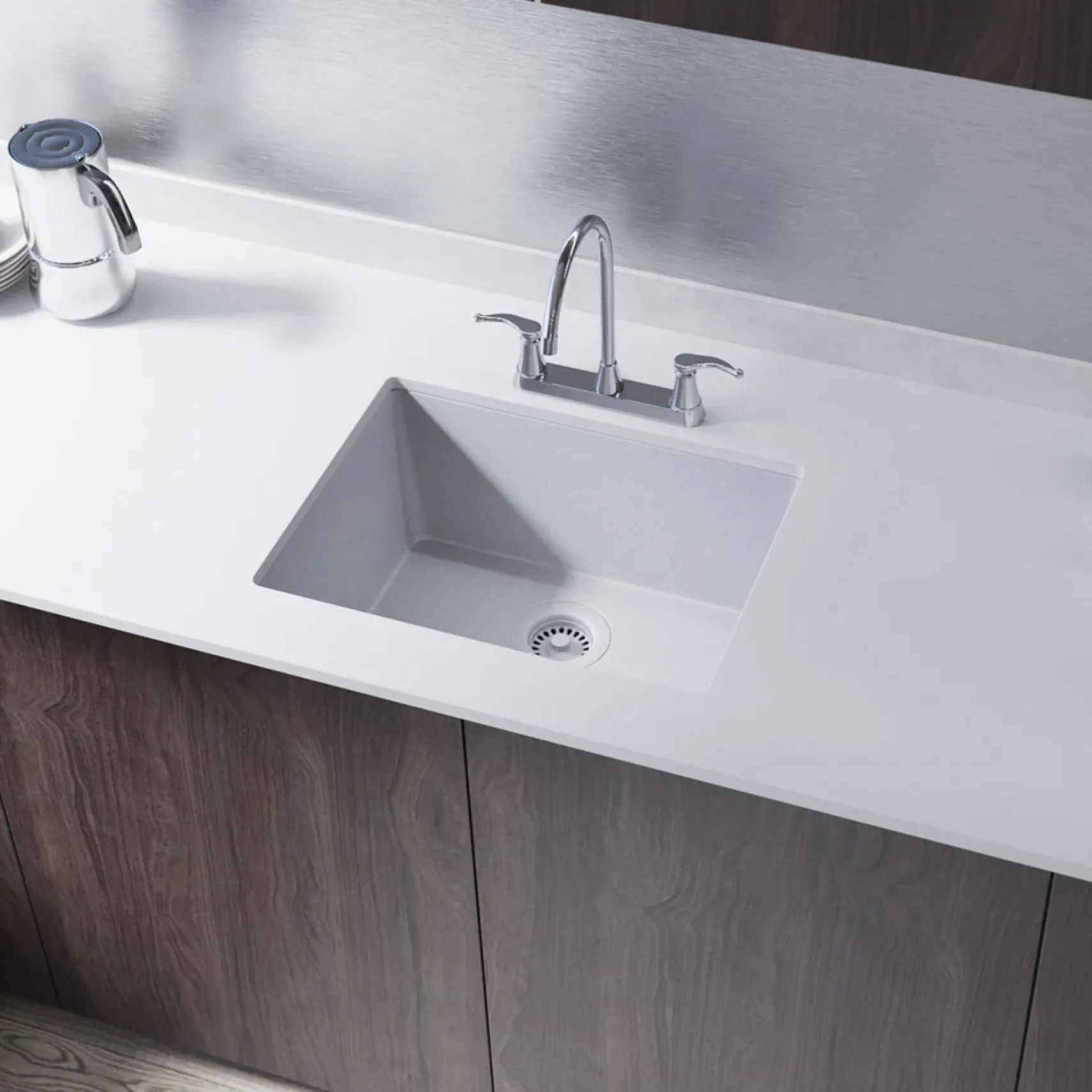 Rene 22" Composite Granite Kitchen Sink, Pewter, R3-1004-PWT-ST-CGF
