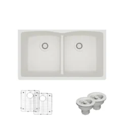 Rene 33" Composite Granite Kitchen Sink, 50/50 Double Bowl, Ivory, R3-1007-IVR-ST-CGS