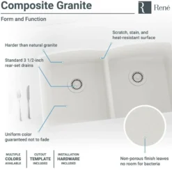 Rene 33" Composite Granite Kitchen Sink, 50/50 Double Bowl, Ivory, R3-1007-IVR-ST-CGS