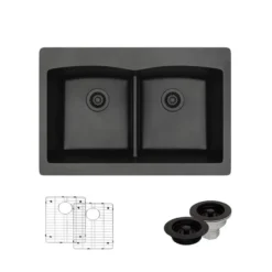 Rene 33" Composite Granite Kitchen Sink, 50/50 Double Bowl, Carbon, R3-2007-CAR-ST-CGF