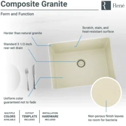 Rene 22" Composite Granite Kitchen Sink, Ecru, R3-1004-ECR-ST-CGS
