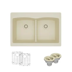 Rene 33" Composite Granite Kitchen Sink, 50/50 Double Bowl, Ecru, R3-2007-ECR-ST-CGS