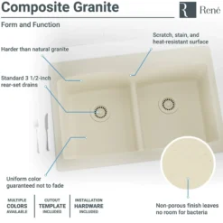 Rene 33" Composite Granite Kitchen Sink, 50/50 Double Bowl, Ecru, R3-2007-ECR-ST-CGS
