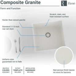 Rene 18" Composite Granite Kitchen Sink, Ivory, R3-1003-IVR-ST-CGS