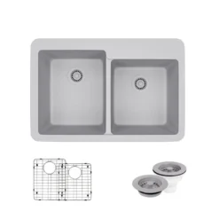 Rene 33" Composite Granite Kitchen Sink, 60/40 Double Bowl, Pewter, R3-2001-PWT-ST-CGF