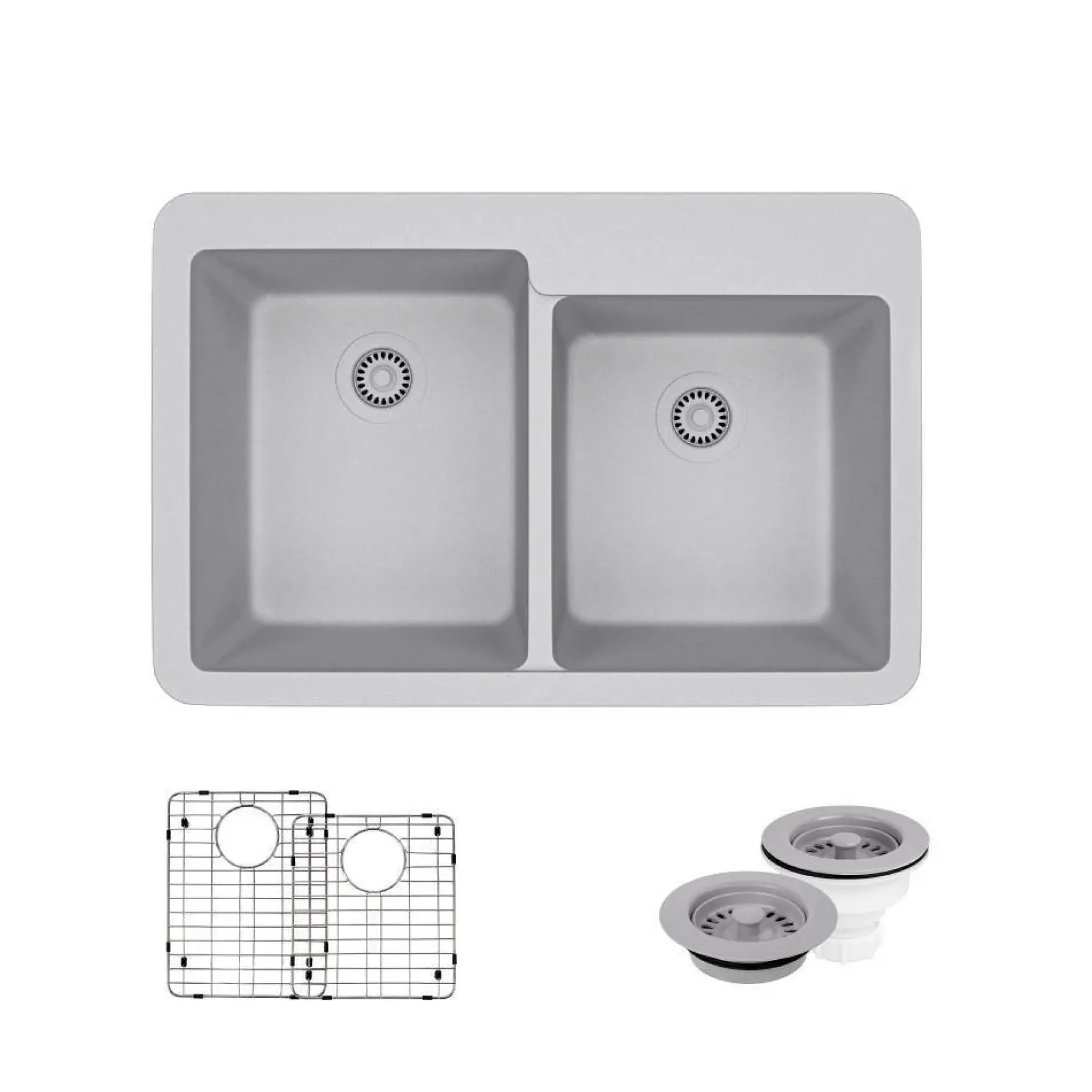 Rene 33" Composite Granite Kitchen Sink, 60/40 Double Bowl, Pewter, R3-2001-PWT-ST-CGF