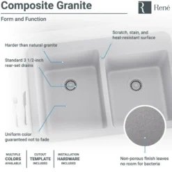Rene 33" Composite Granite Kitchen Sink, 60/40 Double Bowl, Pewter, R3-2001-PWT-ST-CGF