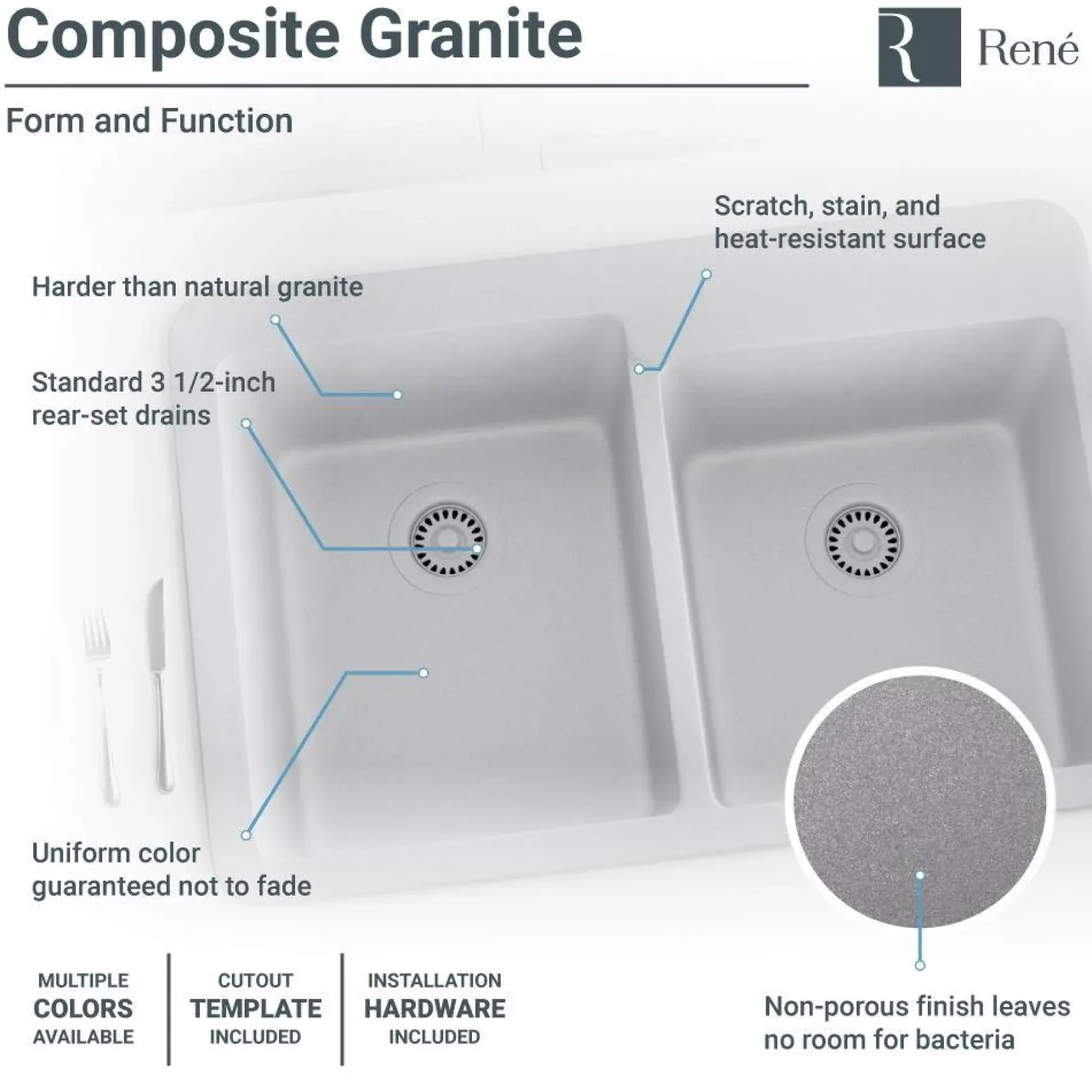 Rene 33" Composite Granite Kitchen Sink, 60/40 Double Bowl, Pewter, R3-2001-PWT-ST-CGF