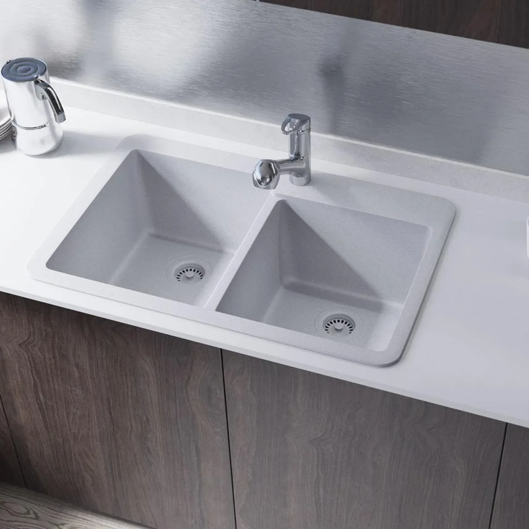 Rene 33" Composite Granite Kitchen Sink, 60/40 Double Bowl, Pewter, R3-2001-PWT-ST-CGF