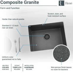Rene 22" Composite Granite Kitchen Sink, Carbon, R3-1004-CAR-ST-CGS