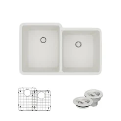 Rene 33" Composite Granite Kitchen Sink, 55/45 Double Bowl, Ivory, R3-1001-IVR-ST-CGF
