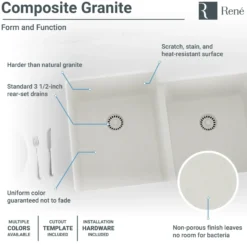 Rene 33" Composite Granite Kitchen Sink, 55/45 Double Bowl, Ivory, R3-1001-IVR-ST-CGF
