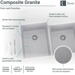 Rene 33" Composite Granite Kitchen Sink, 55/45 Double Bowl, Pewter, R3-1001-PWT-ST-CGS