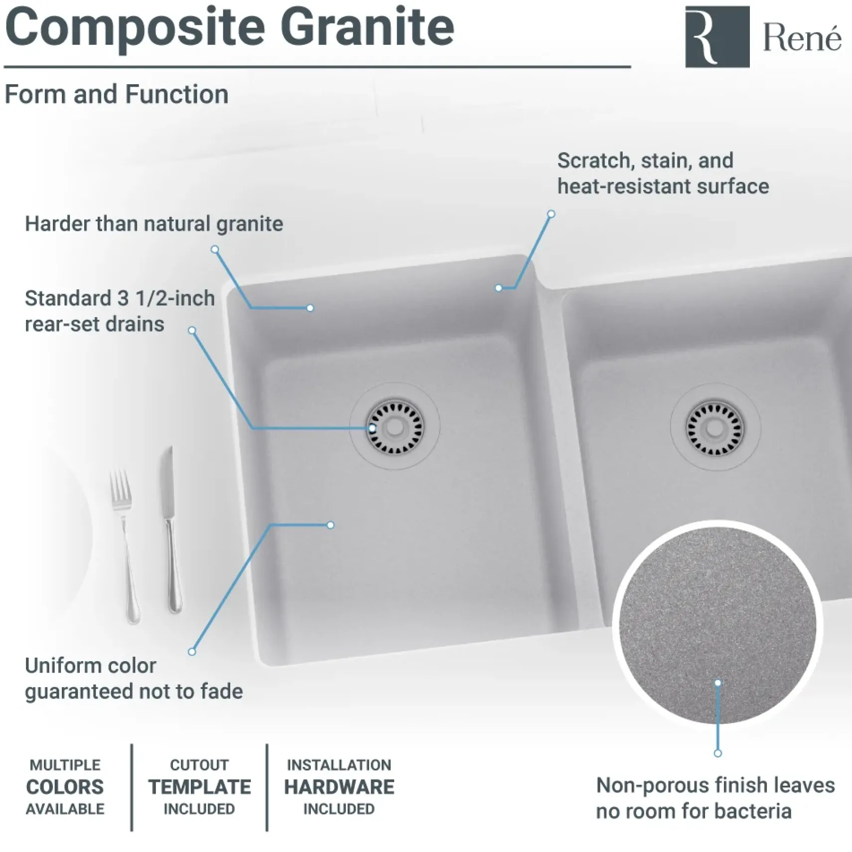 Rene 33" Composite Granite Kitchen Sink, 55/45 Double Bowl, Pewter, R3-1001-PWT-ST-CGS