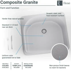 Rene 25" Composite Granite Kitchen Sink, Pewter, R3-2005-PWT-ST-CGS