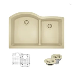 Rene 33" Composite Granite Kitchen Sink, 60/40 Double Bowl, Ecru, R3-1008-ECR-ST-CGF