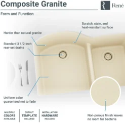Rene 33" Composite Granite Kitchen Sink, 60/40 Double Bowl, Ecru, R3-1008-ECR-ST-CGF