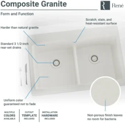 Rene 33" Composite Granite Kitchen Sink, 50/50 Double Bowl, Ivory, R3-2007-IVR-ST-CGF