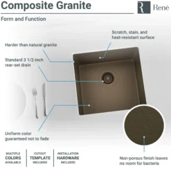 Rene 18" Composite Granite Kitchen Sink, Umber, R3-1003-UMB-ST-CGF