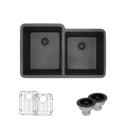 Rene 33" Composite Granite Kitchen Sink, 55/45 Double Bowl, Carbon, R3-1001-CAR-ST-CGS