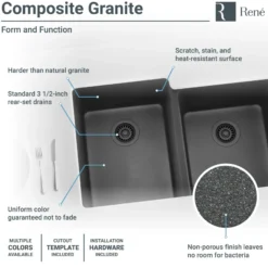 Rene 33" Composite Granite Kitchen Sink, 55/45 Double Bowl, Carbon, R3-1001-CAR-ST-CGS