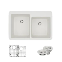 Rene 33" Composite Granite Kitchen Sink, 60/40 Double Bowl, Ivory, R3-2001-IVR-ST-CGF