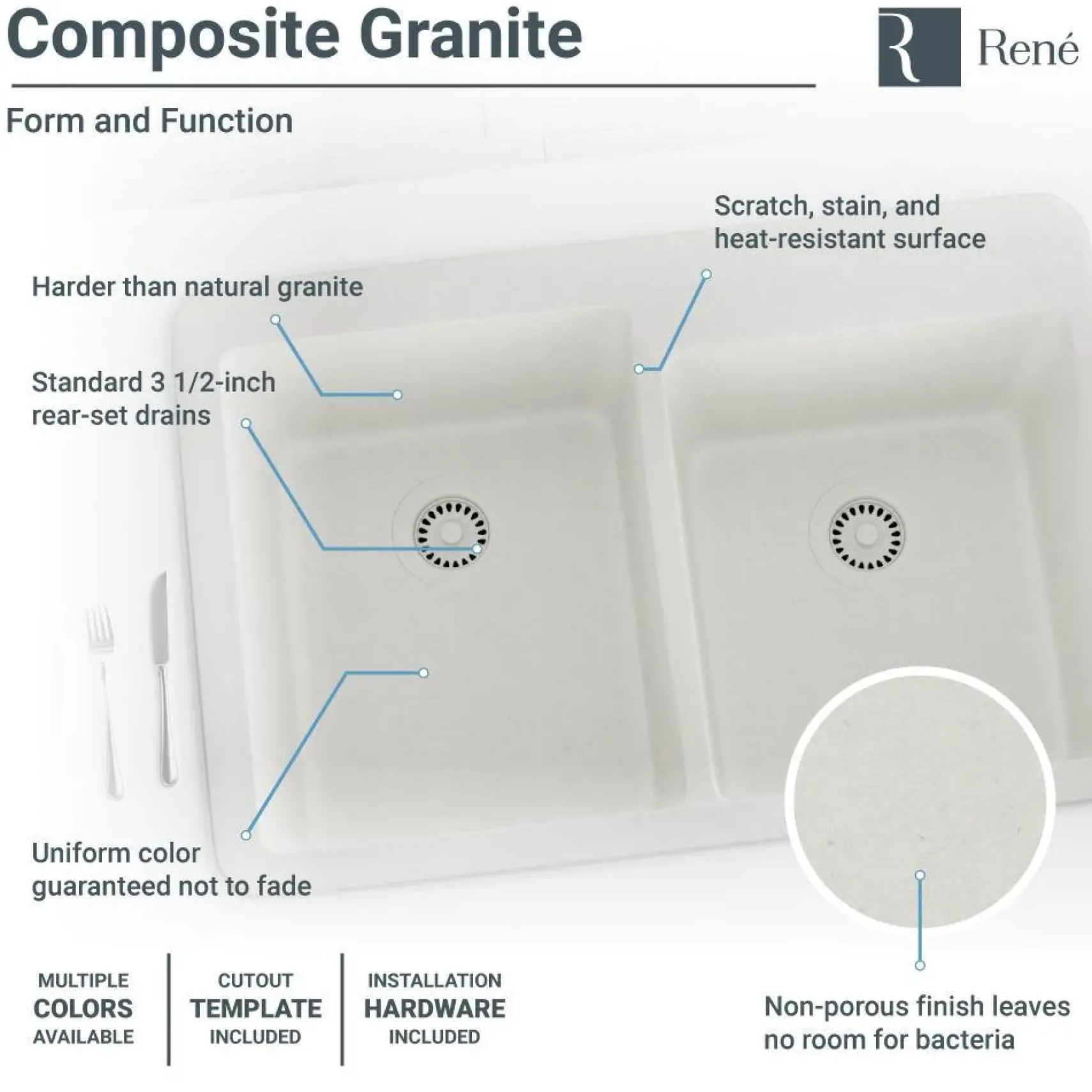 Rene 33" Composite Granite Kitchen Sink, 60/40 Double Bowl, Ivory, R3-2001-IVR-ST-CGF