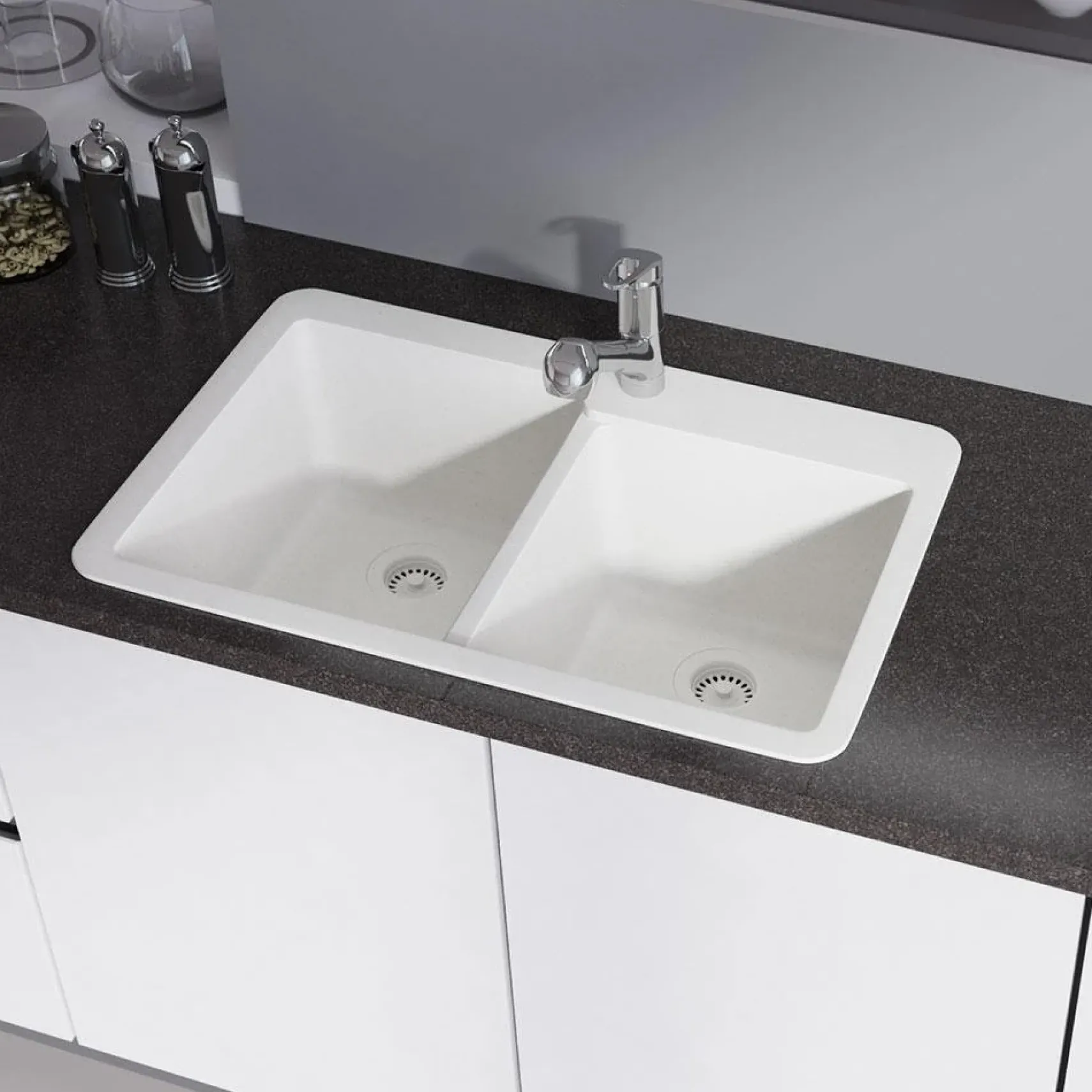 Rene 33" Composite Granite Kitchen Sink, 60/40 Double Bowl, Ivory, R3-2001-IVR-ST-CGF