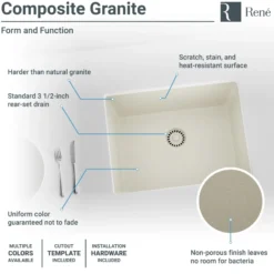 Rene 22" Composite Granite Kitchen Sink, Concrete, R3-1004-CON-ST-CGS