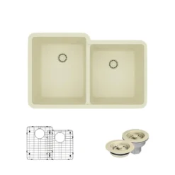 Rene 33" Composite Granite Kitchen Sink, 55/45 Double Bowl, Ecru, R3-1001-ECR-ST-CGF
