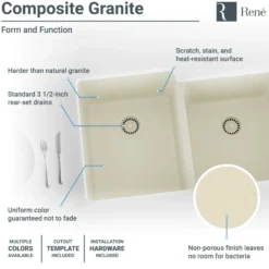 Rene 33" Composite Granite Kitchen Sink, 55/45 Double Bowl, Ecru, R3-1001-ECR-ST-CGF