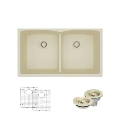 Rene 33" Composite Granite Kitchen Sink, 50/50 Double Bowl, Ecru, R3-1007-ECR-ST-CGF