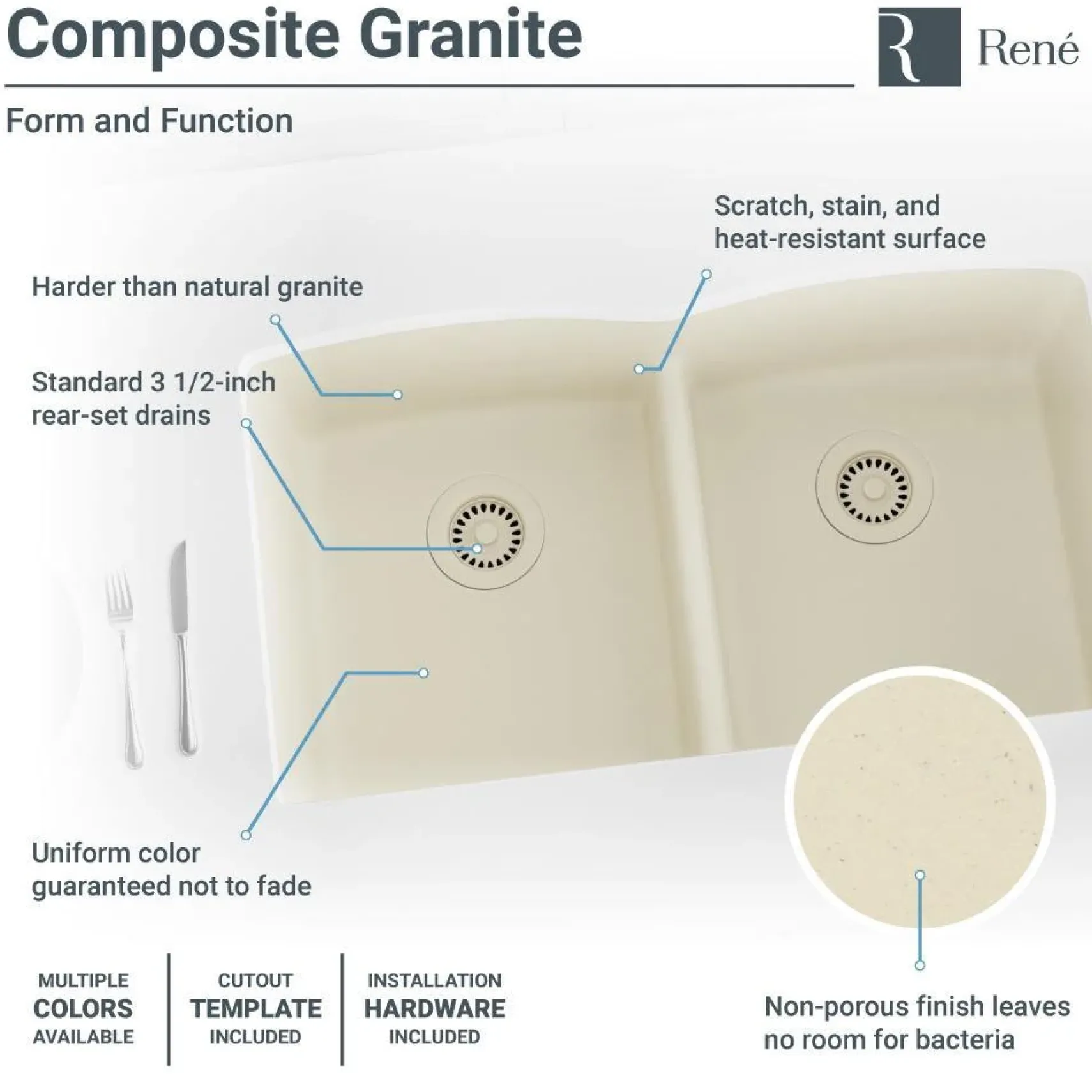 Rene 33" Composite Granite Kitchen Sink, 50/50 Double Bowl, Ecru, R3-1007-ECR-ST-CGF