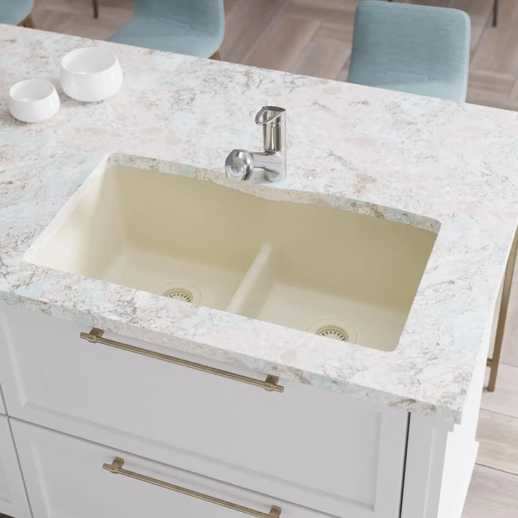 Rene 33" Composite Granite Kitchen Sink, 50/50 Double Bowl, Ecru, R3-1007-ECR-ST-CGF