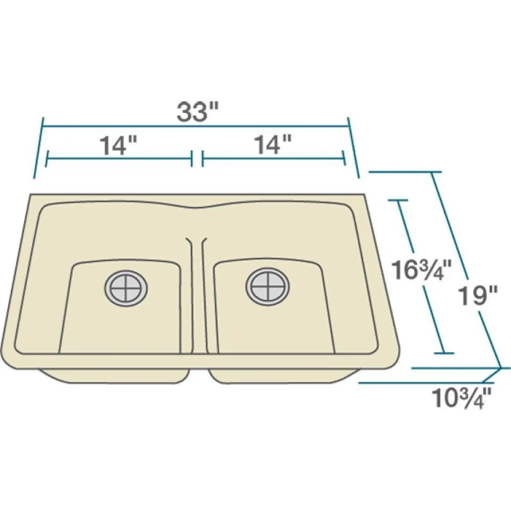 Rene 33" Composite Granite Kitchen Sink, 50/50 Double Bowl, Ecru, R3-1007-ECR-ST-CGF