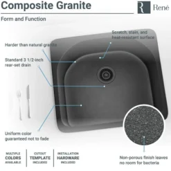 Rene 25" Composite Granite Kitchen Sink, Carbon, R3-2005-CAR-ST-CGS