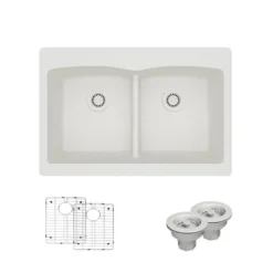 Rene 33" Composite Granite Kitchen Sink, 50/50 Double Bowl, Ivory, R3-2007-IVR-ST-CGS