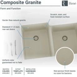 Rene 33" Composite Granite Kitchen Sink, 55/45 Double Bowl, Concrete, R3-1001-CON-ST-CGS