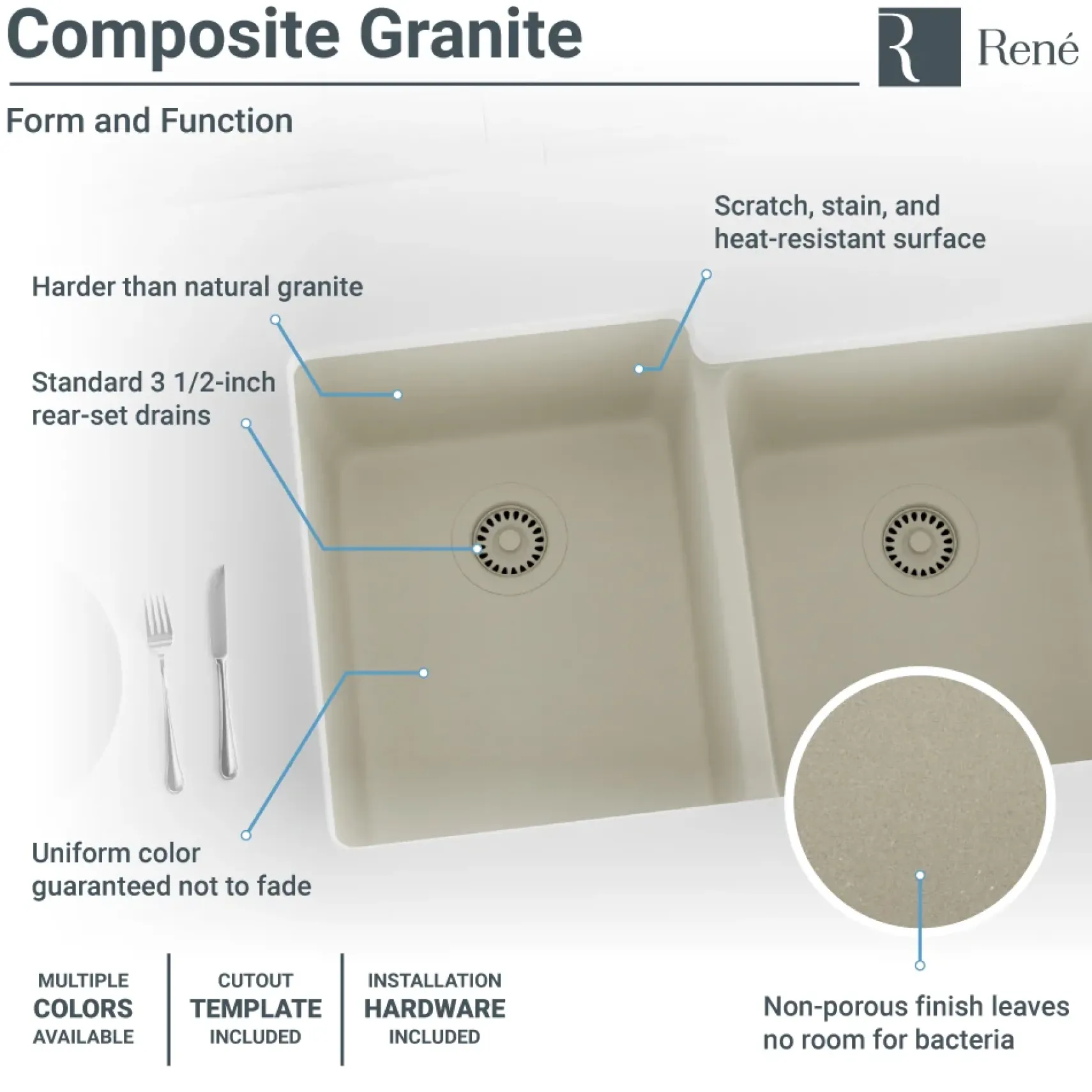 Rene 33" Composite Granite Kitchen Sink, 55/45 Double Bowl, Concrete, R3-1001-CON-ST-CGS
