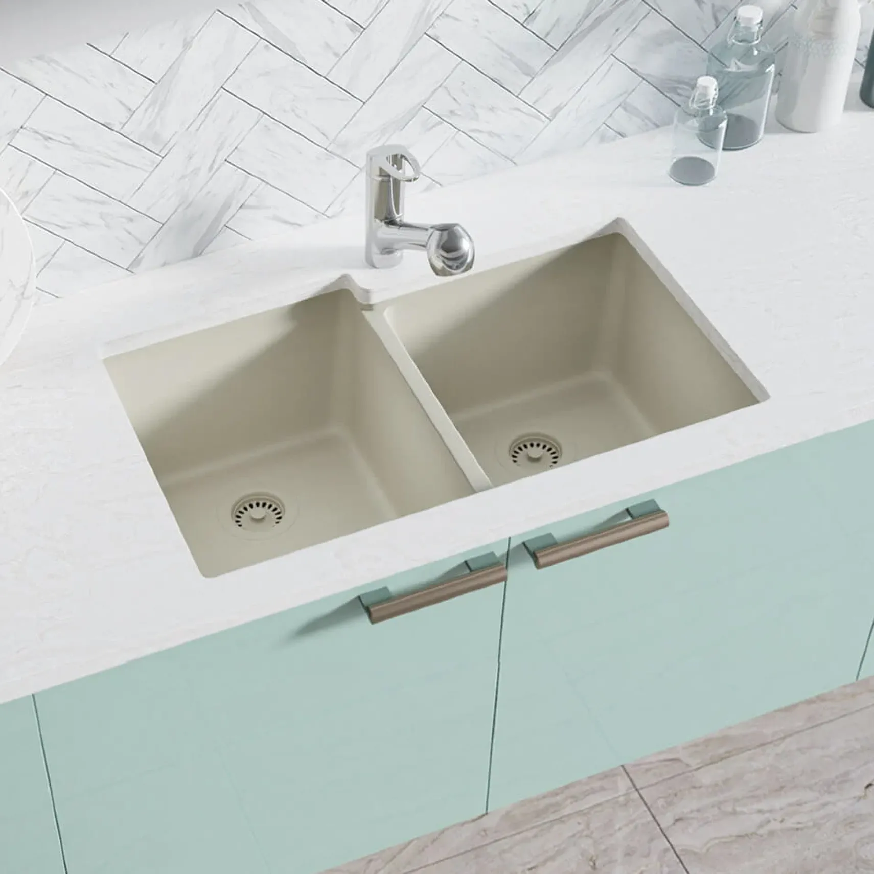 Rene 33" Composite Granite Kitchen Sink, 55/45 Double Bowl, Concrete, R3-1001-CON-ST-CGS
