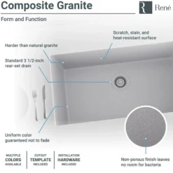Rene 33" Composite Granite Kitchen Sink, Pewter, R3-1006-PWT-ST-CGF