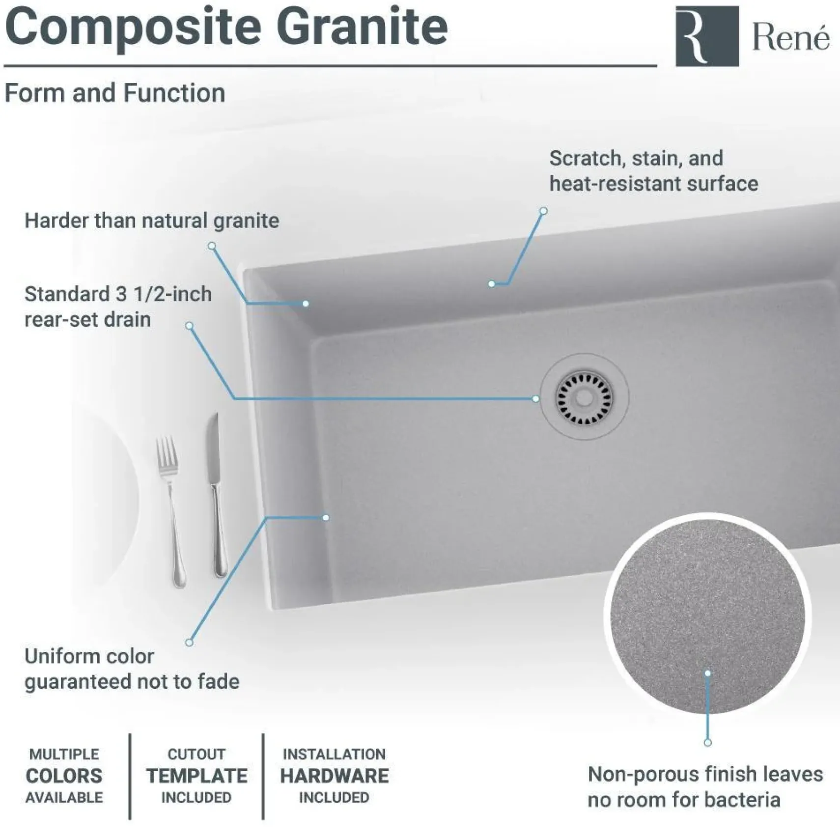 Rene 33" Composite Granite Kitchen Sink, Pewter, R3-1006-PWT-ST-CGF