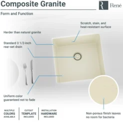 Rene 18" Composite Granite Kitchen Sink, Ecru, R3-1003-ECR-ST-CGF