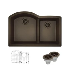 Rene 33" Composite Granite Kitchen Sink, 60/40 Double Bowl, Umber, R3-1008-UMB-ST-CGS