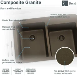 Rene 33" Composite Granite Kitchen Sink, 60/40 Double Bowl, Umber, R3-2001-UMB-ST-CGS