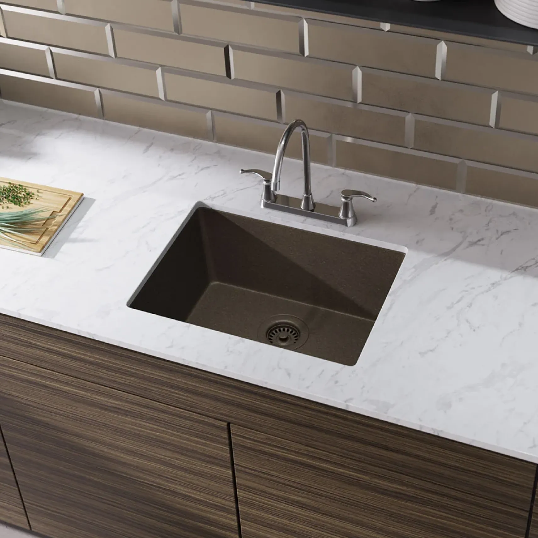 Rene 22" Composite Granite Kitchen Sink, Umber, R3-1004-UMB-ST-CGF
