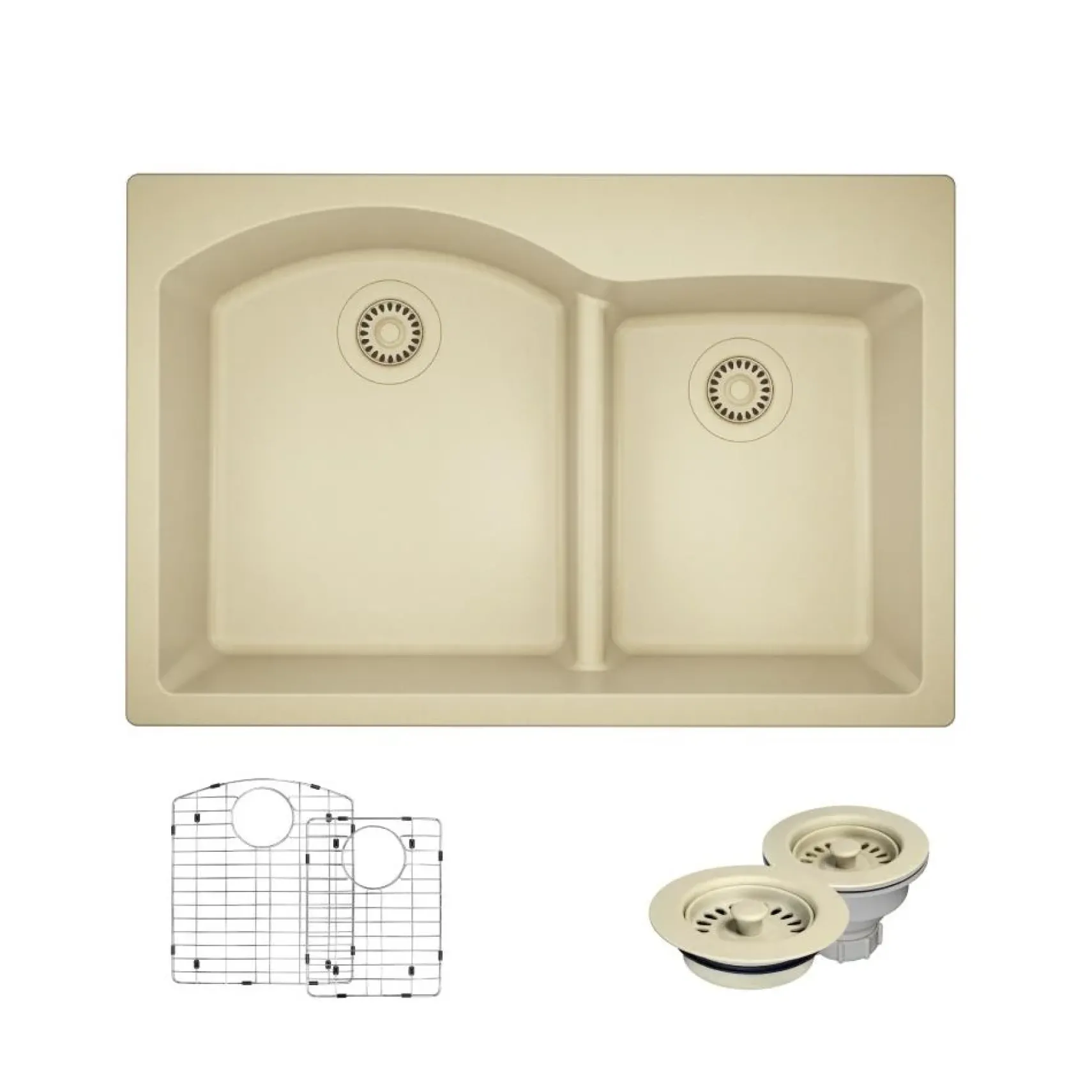 Rene 33" Composite Granite Kitchen Sink, 60/40 Double Bowl, Ecru, R3-2008-ECR-ST-CGF