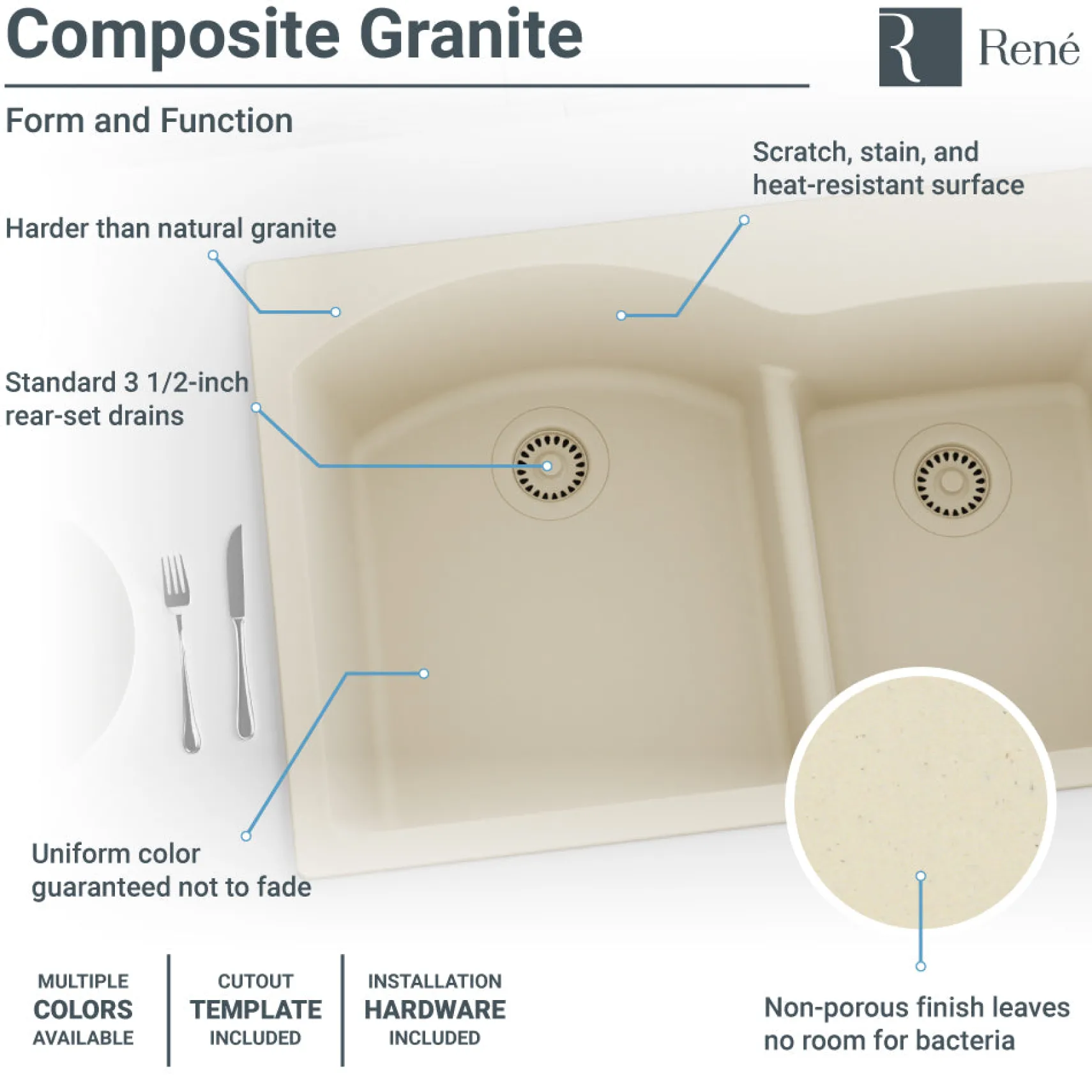 Rene 33" Composite Granite Kitchen Sink, 60/40 Double Bowl, Ecru, R3-2008-ECR-ST-CGF